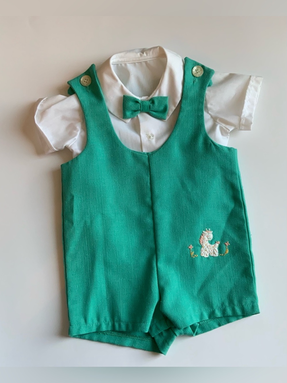 Vintage 60s Green Boys' Romper Set with Bow Tie